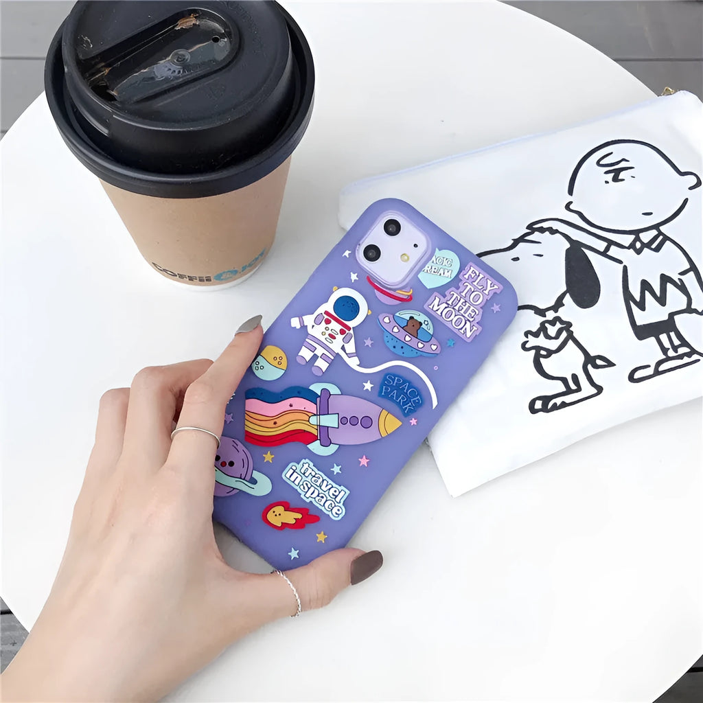 Purple silicone phone case with 3D astronaut and rocket design for Apple iPhone