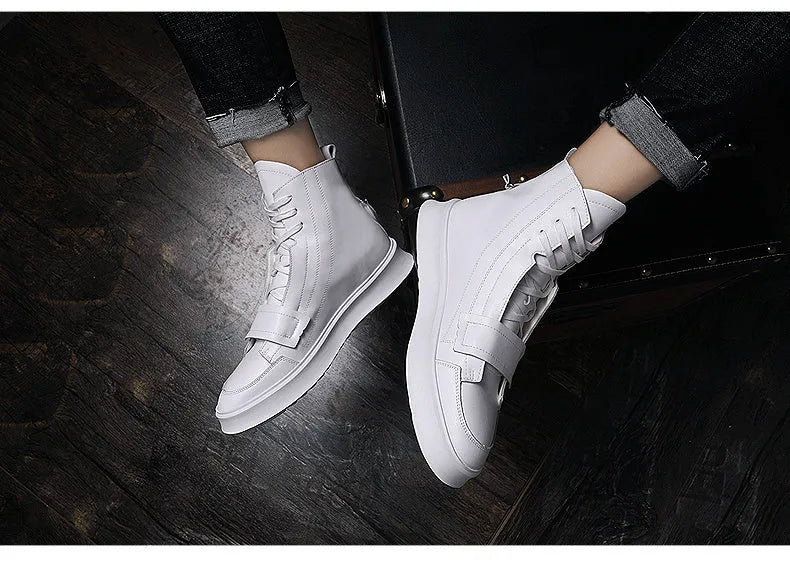 Men's black PU leather ankle boot in high-top sneaker style for winter.