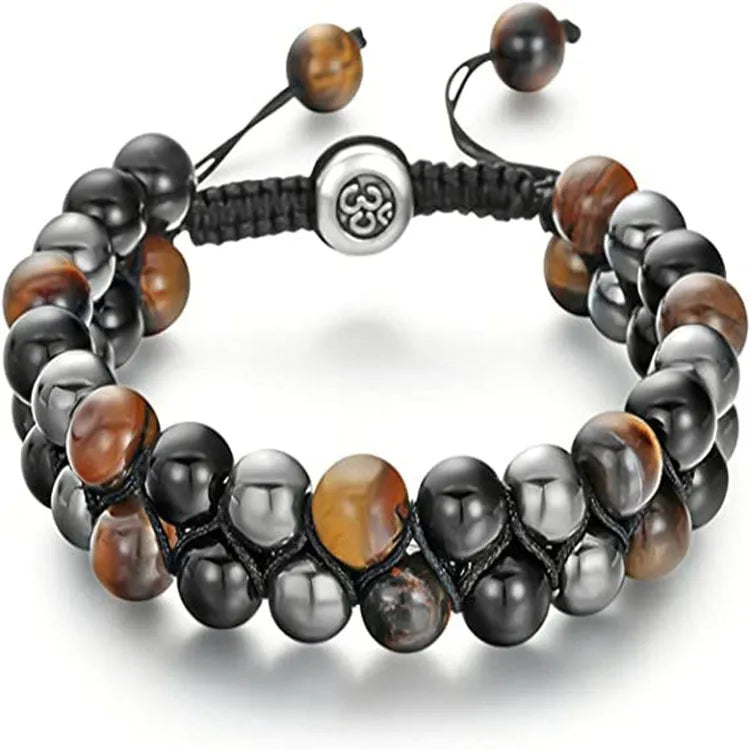 Men's tiger eye double-layer woven bracelet with bright magnet accents and geometric design