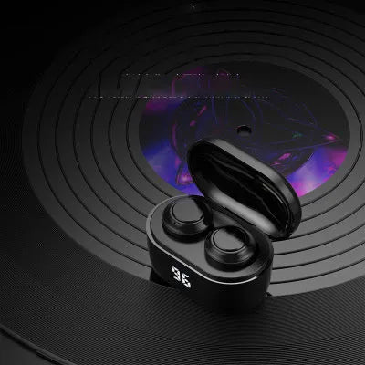 Black stereo Bluetooth wireless earbuds with a charging case.