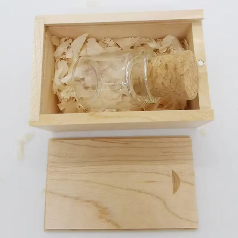 Transparent wooden wish bottle design USB flash drive on a white background.