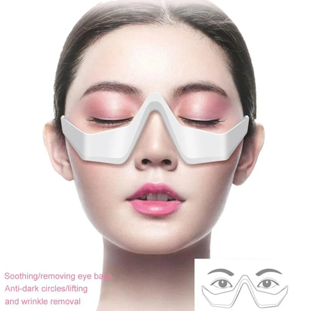 3D micro-current eye massager with glasses design on a pink background.
