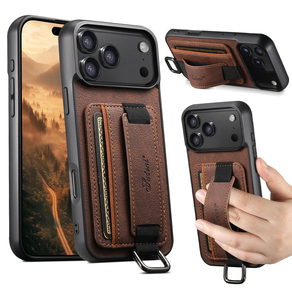 Google Pixel 9 PU leather case with card slot, wrist strap, and kickstand bracket in black