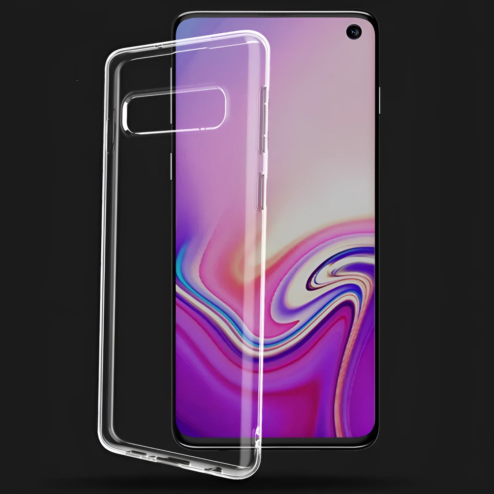 Transparent TPU Samsung S10 phone case showing back cover design with camera and port cutouts