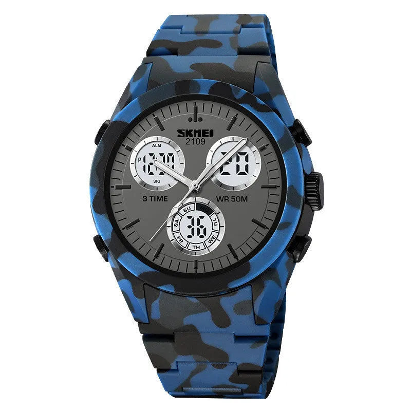 Unisex casual electronic watch with a camouflage TPU strap and resin face, showing 50m water resistance.