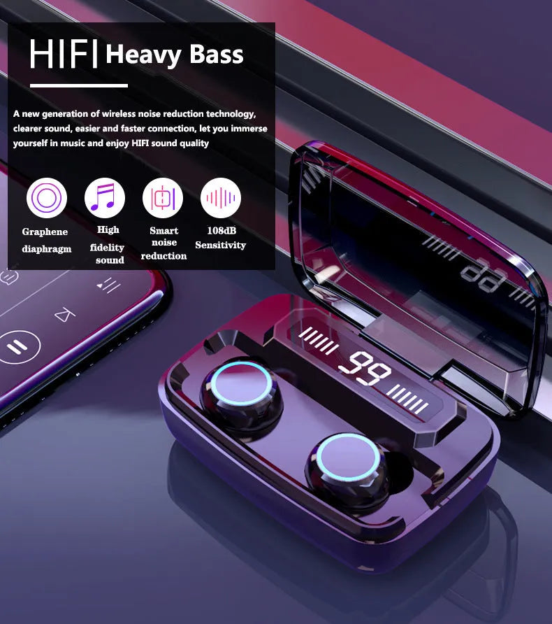 Black M11 Bluetooth wireless headset with charging case and built-in mobile phone holder