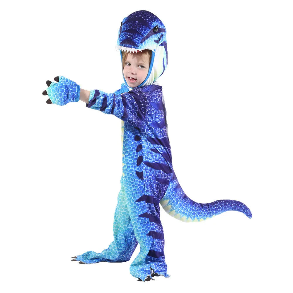 Child wearing a green Jurassic dinosaur Halloween costume with a tail and hood.