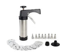 Stainless steel biscuit press machine with cookie moulds and piping nozzles in a gift box.