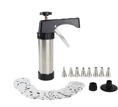 Stainless steel biscuit press machine with cookie moulds and piping nozzles in a gift box.