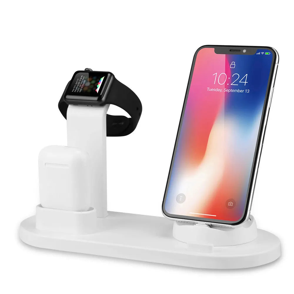 White headphone charging stand with three USB charging ports for wireless headphones