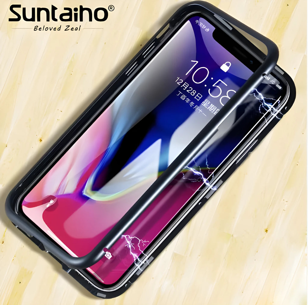 Suntaiho magnetic adsorption phone case with tempered glass back for compatible iPhone models