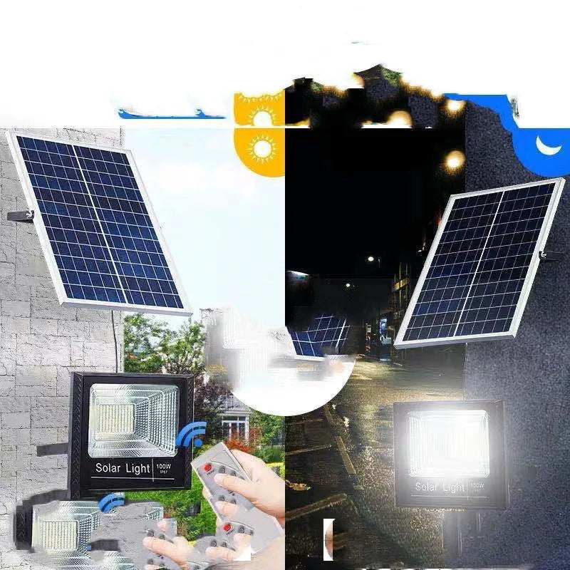 Black solar-powered LED flood light for outdoor garden and security use with remote control.
