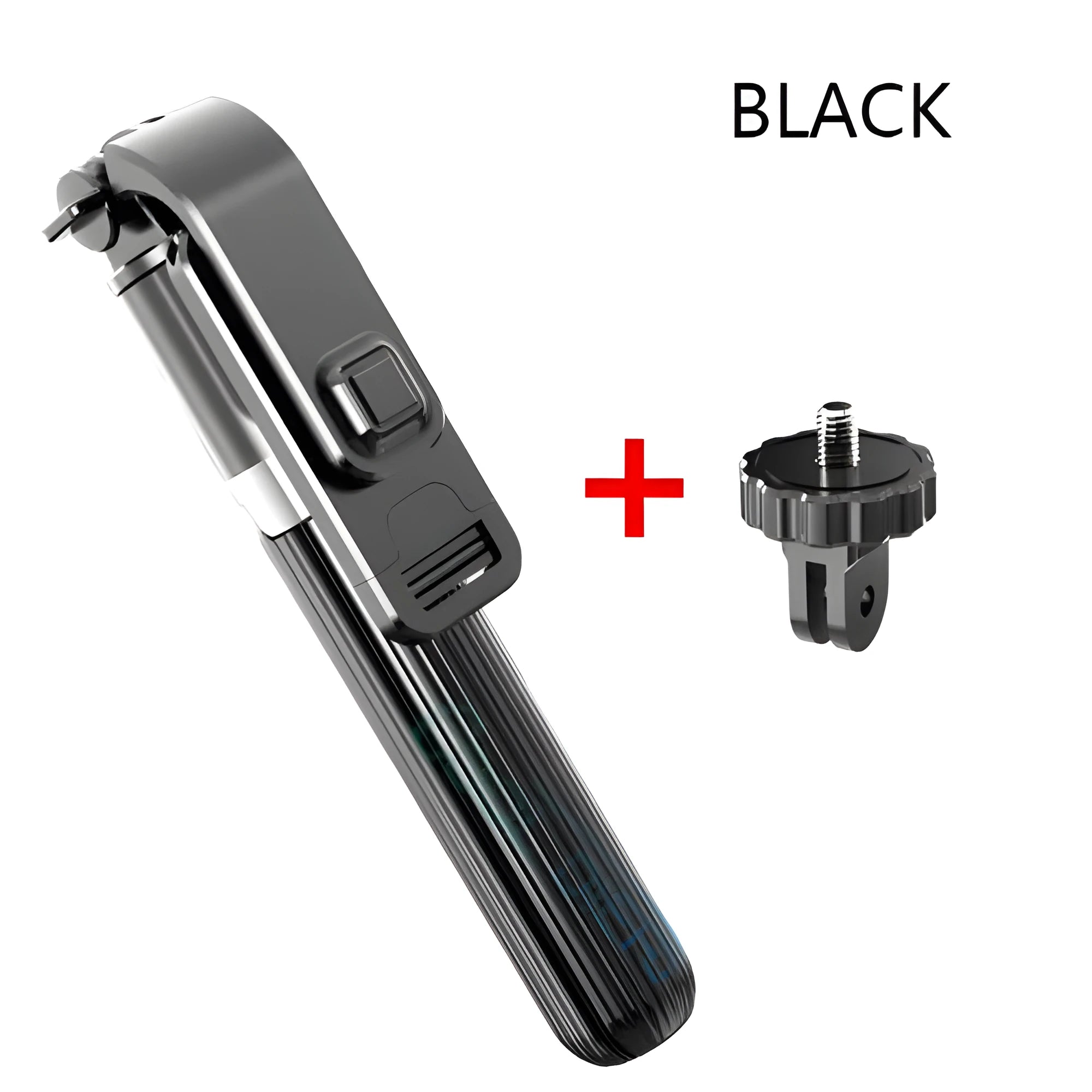 Black aluminium alloy iPhone tripod selfie stick fully extended to 700mm next to a smartphone.