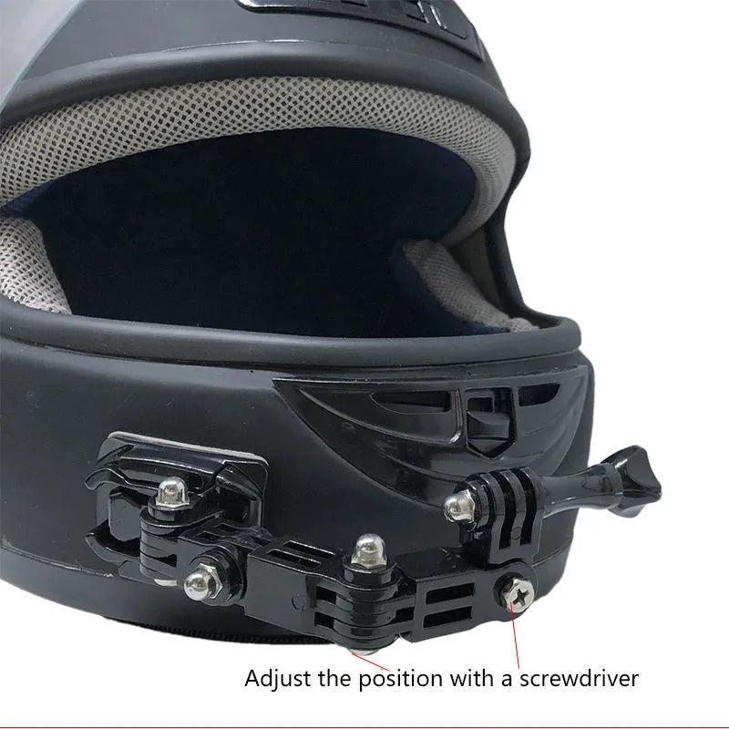 Black camera bracket mounted on a motorcycle helmet, made of ABS and stainless steel