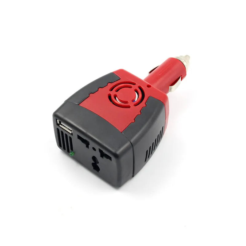 Black and red 150W car power inverter converting 12V DC to 110V/220V AC with USB port