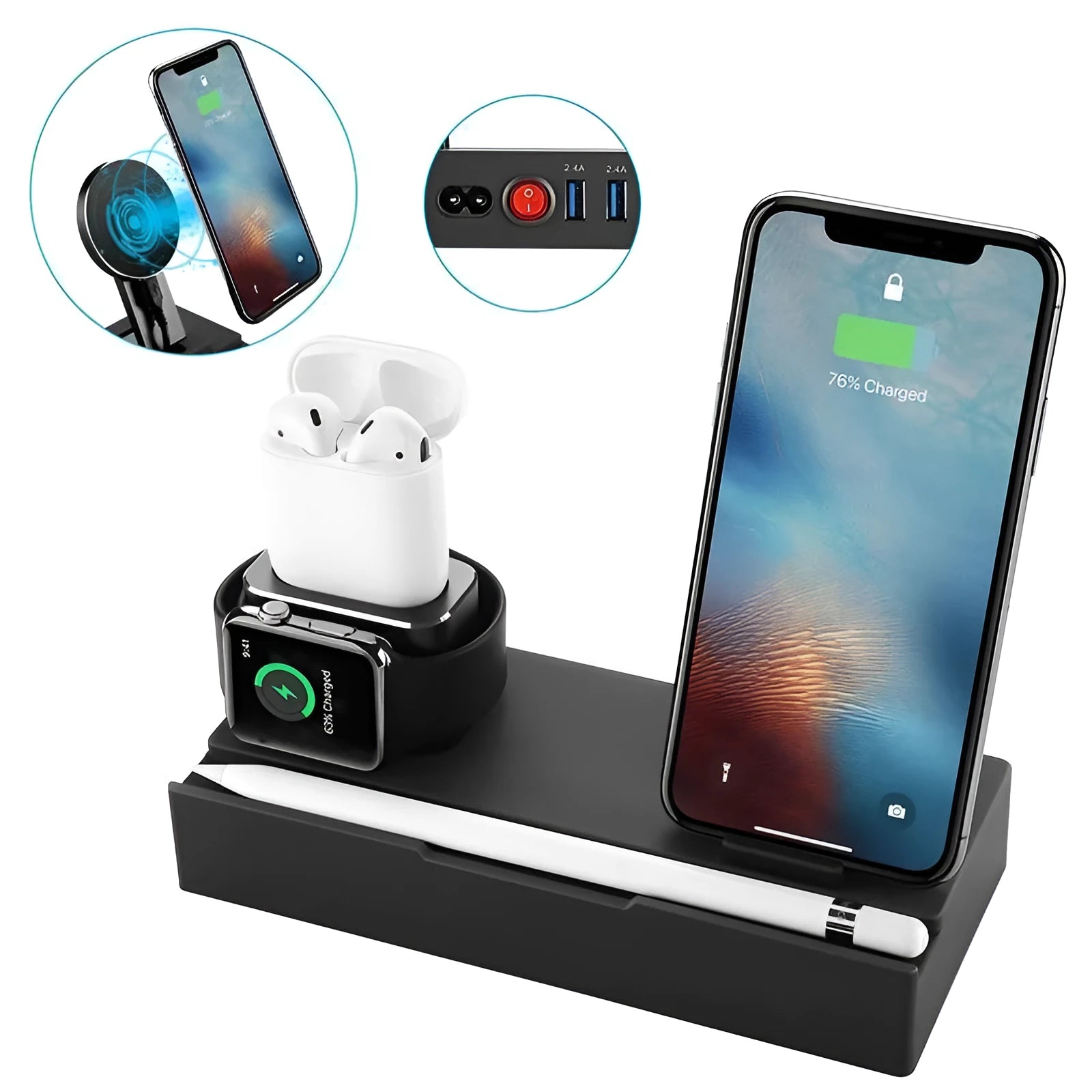 Black eight-in-one desktop charging station with five USB ports and a square wireless charging panel.
