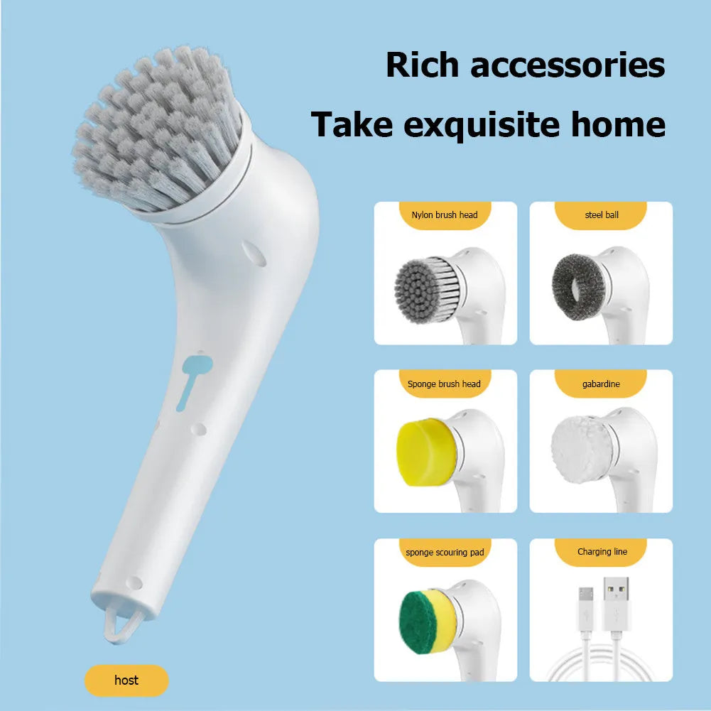 White cordless electric scrubber with five brush heads for household cleaning