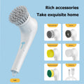 White cordless electric scrubber with five brush heads for household cleaning
