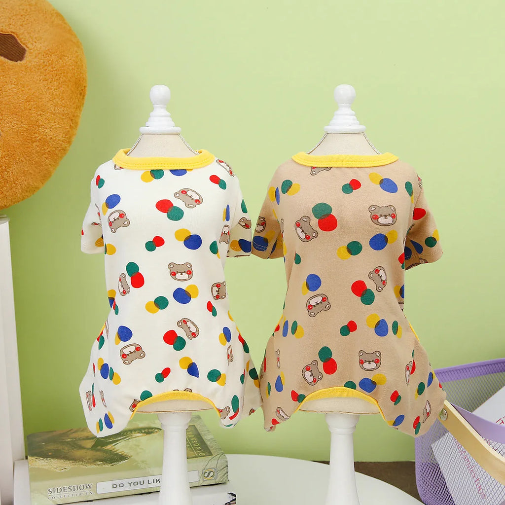 Beige dog jumper with colourful ball bear appliqué design for casual pet wear
