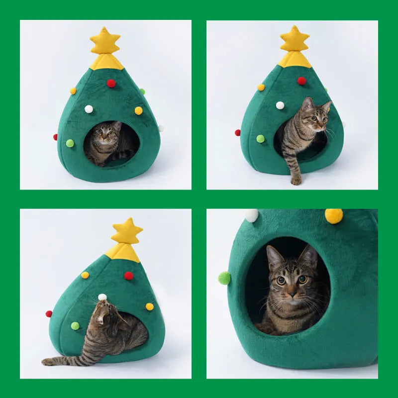 Christmas tree-shaped plush cave bed for cats and dogs, shown in three sizes with detachable design.