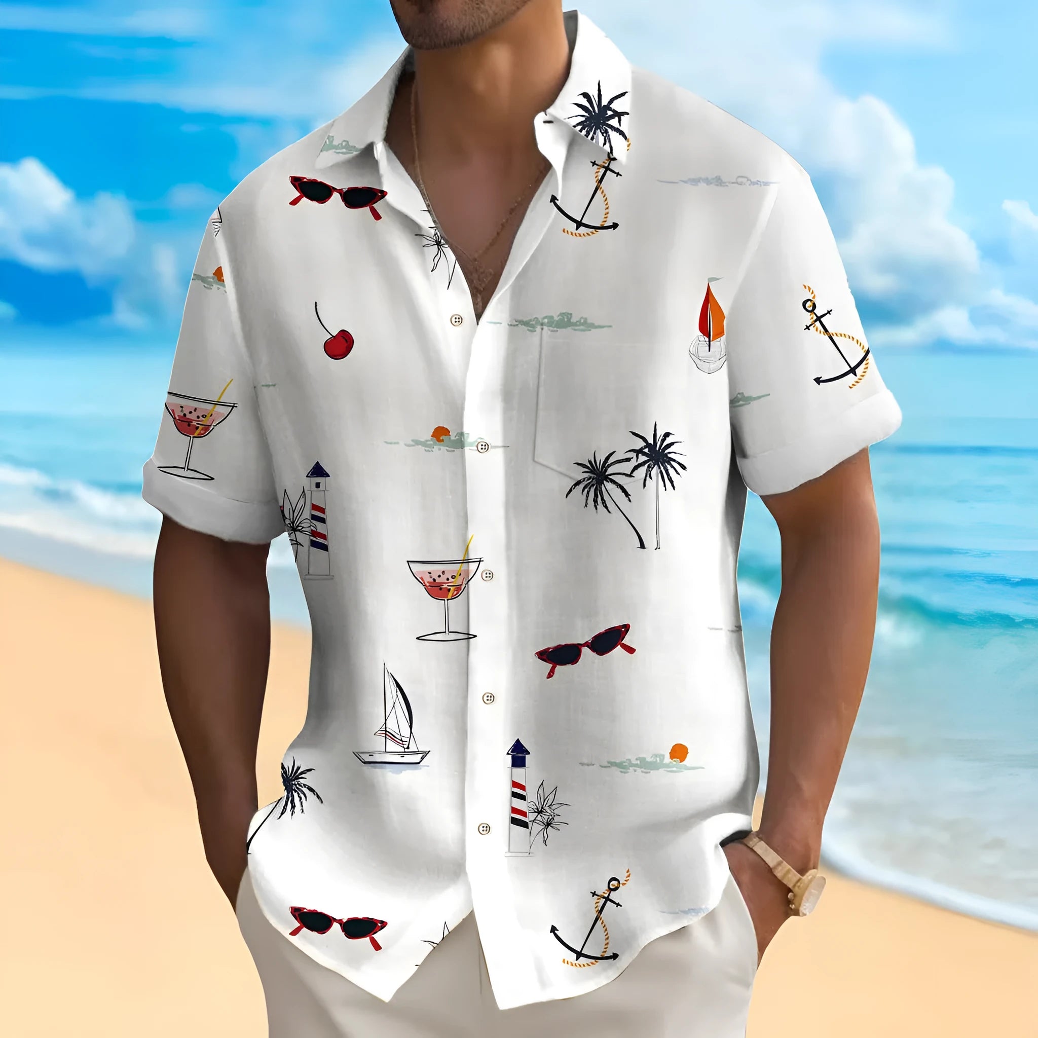 Man modelling a loose-fit, short-sleeve Hawaiian shirt with a colourful digital print pattern.