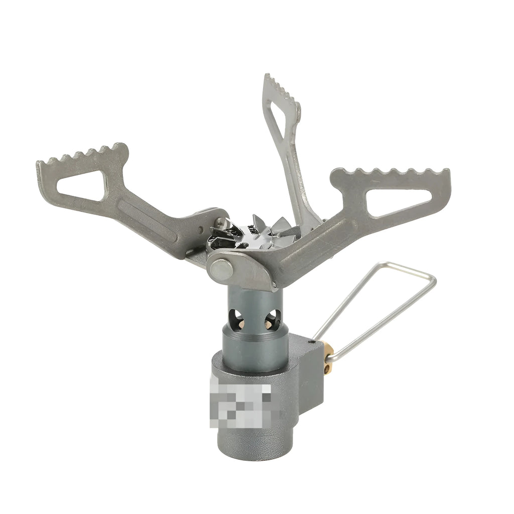 Silver portable propane camping stove with one-piece burner unit on a flat surface.