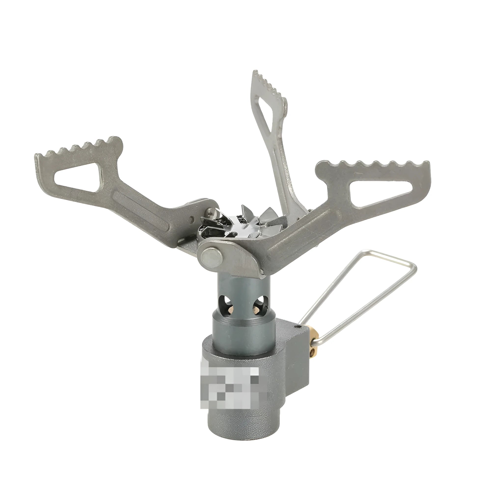 Silver portable propane camping stove with one-piece burner unit on a flat surface.