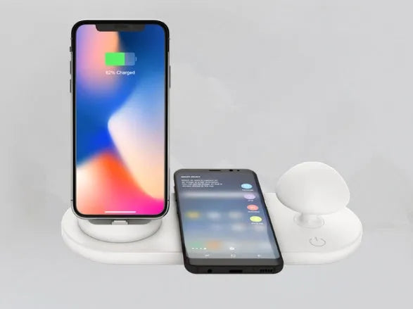 White 3 in 1 wireless charging dock with a phone on the pad and USB cable