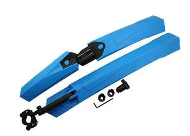 Set of colourful plastic front and rear mountain bike mudguards with quick-release mounting hardware.