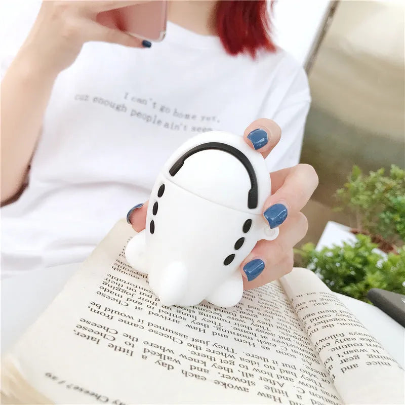 Silicone flip case with cartoon airplane design for Apple AirPods 1 and 2, includes attachment hook
