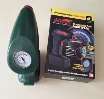 Compact portable car tyre inflator with digital pressure gauge showing 12V DC connection