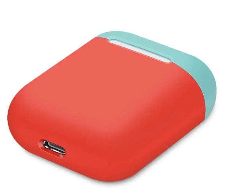 Split-shell silicone protective case for Apple AirPods charging box in a selection of colours on a plain background.