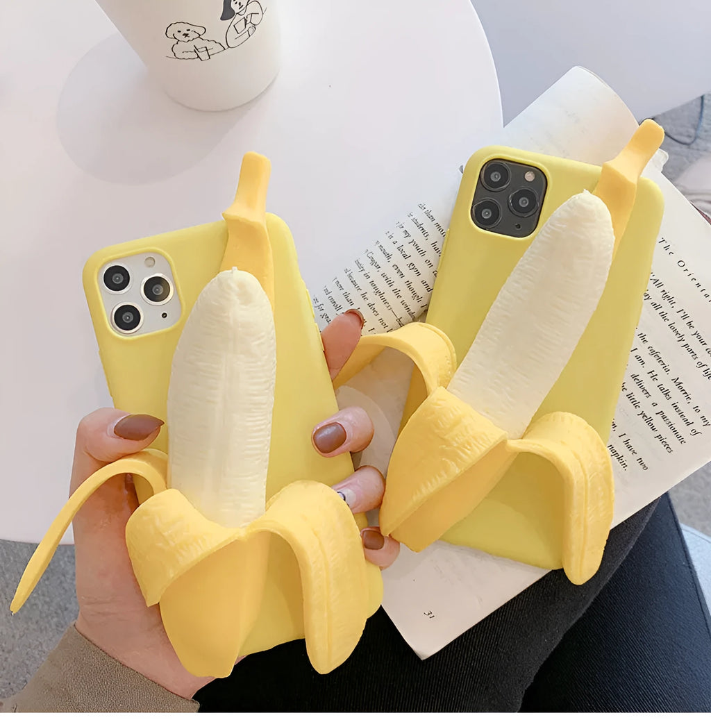 Yellow silicone banana-shaped phone case with unzip detail for iPhone models.
