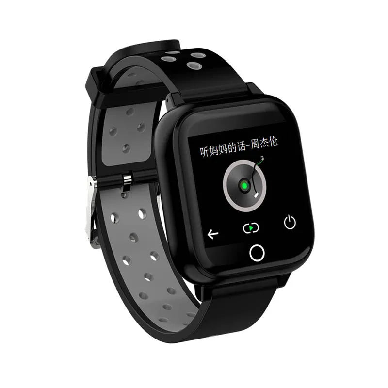 Black smartwatch with integrated Bluetooth earbuds stored in the wristband, showing a heart rate reading on its screen.