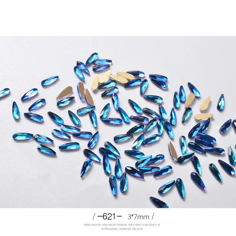 10 acrylic 3D nail art rhinestones in long water drop shape, 7x3mm, glitter finish, eleven colour options