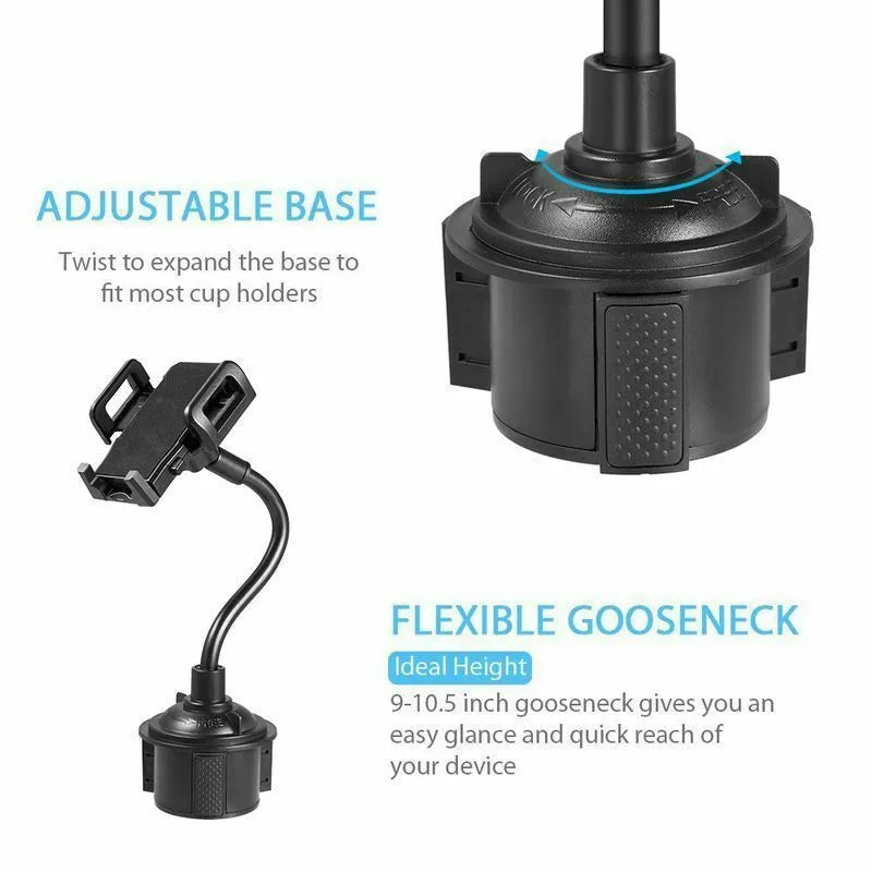 Black universal car phone mount with adjustable side arms shown mounted on a car air vent.