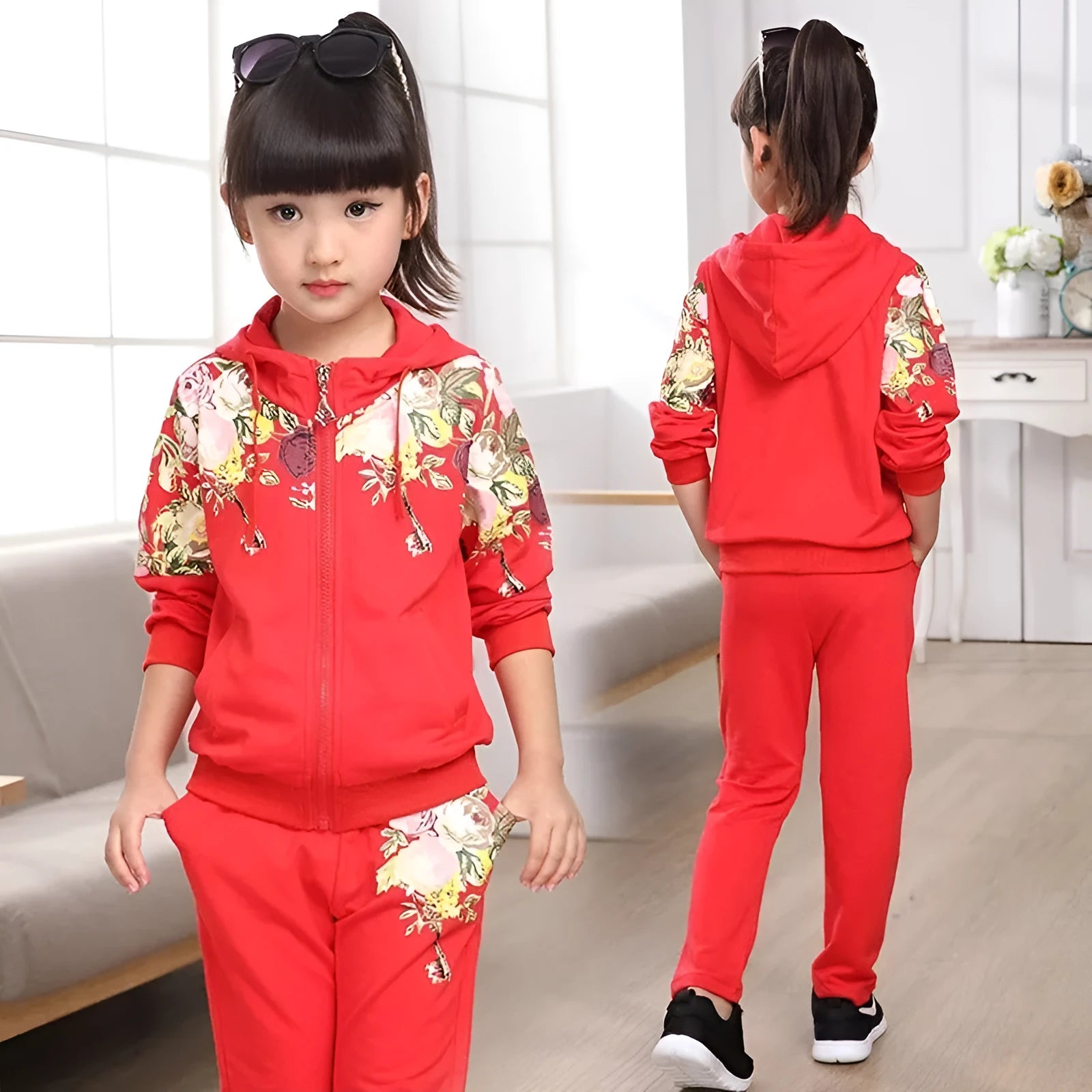 Children's hooded jumper suit set in pink, red or yellow with long sleeves for spring and autumn wear