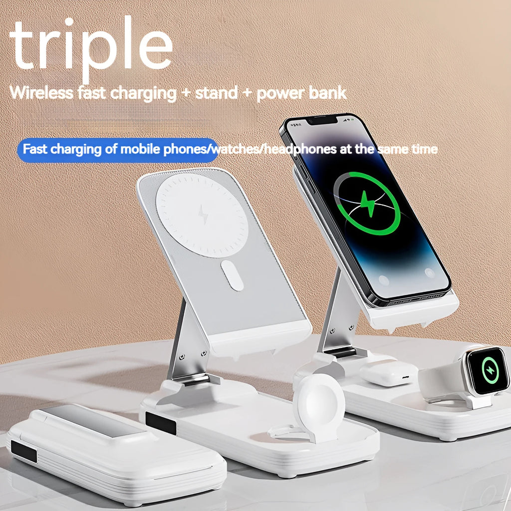 White three-in-one Magsafe wireless fast charging folding magnetic power bank 10000mAh with phone attached in upright position