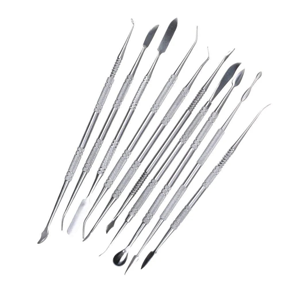 Stainless steel clay knife set of 10 pieces with photo colour finish on a neutral background