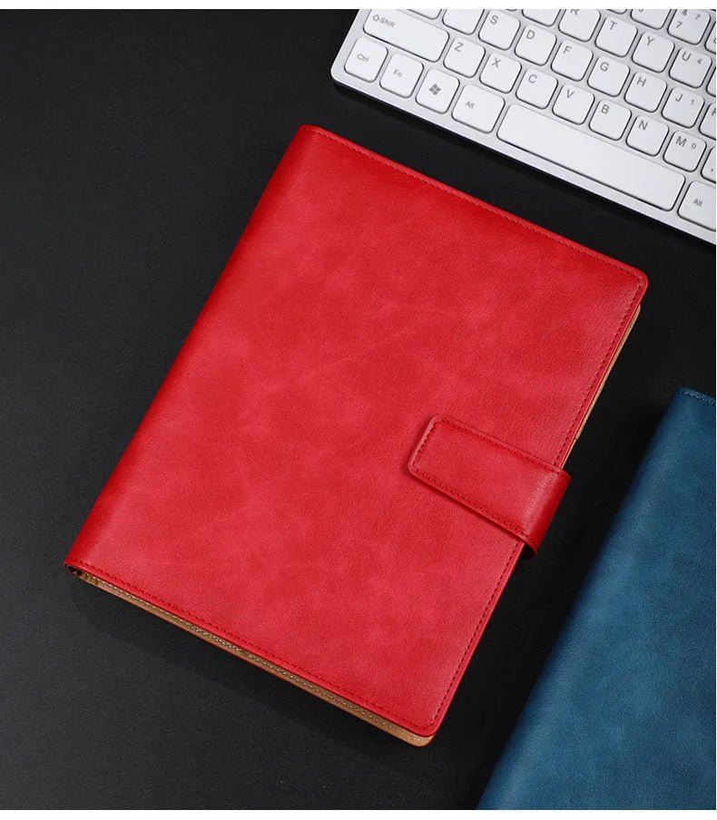 A5 leather buckle notebook with 6-hole clip in multiple colours showing hard cover and closure