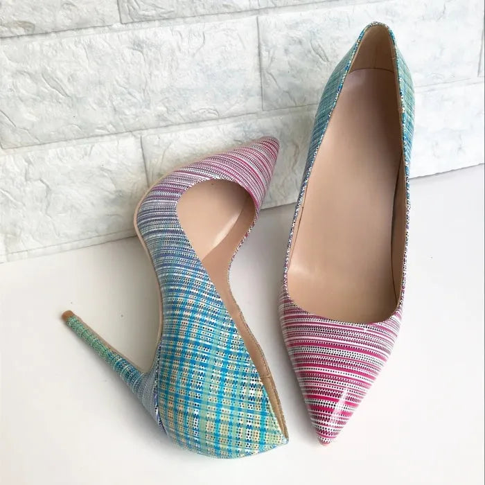 Pink-blue gradient patent leather women's high heels with pointed toe and super high heel