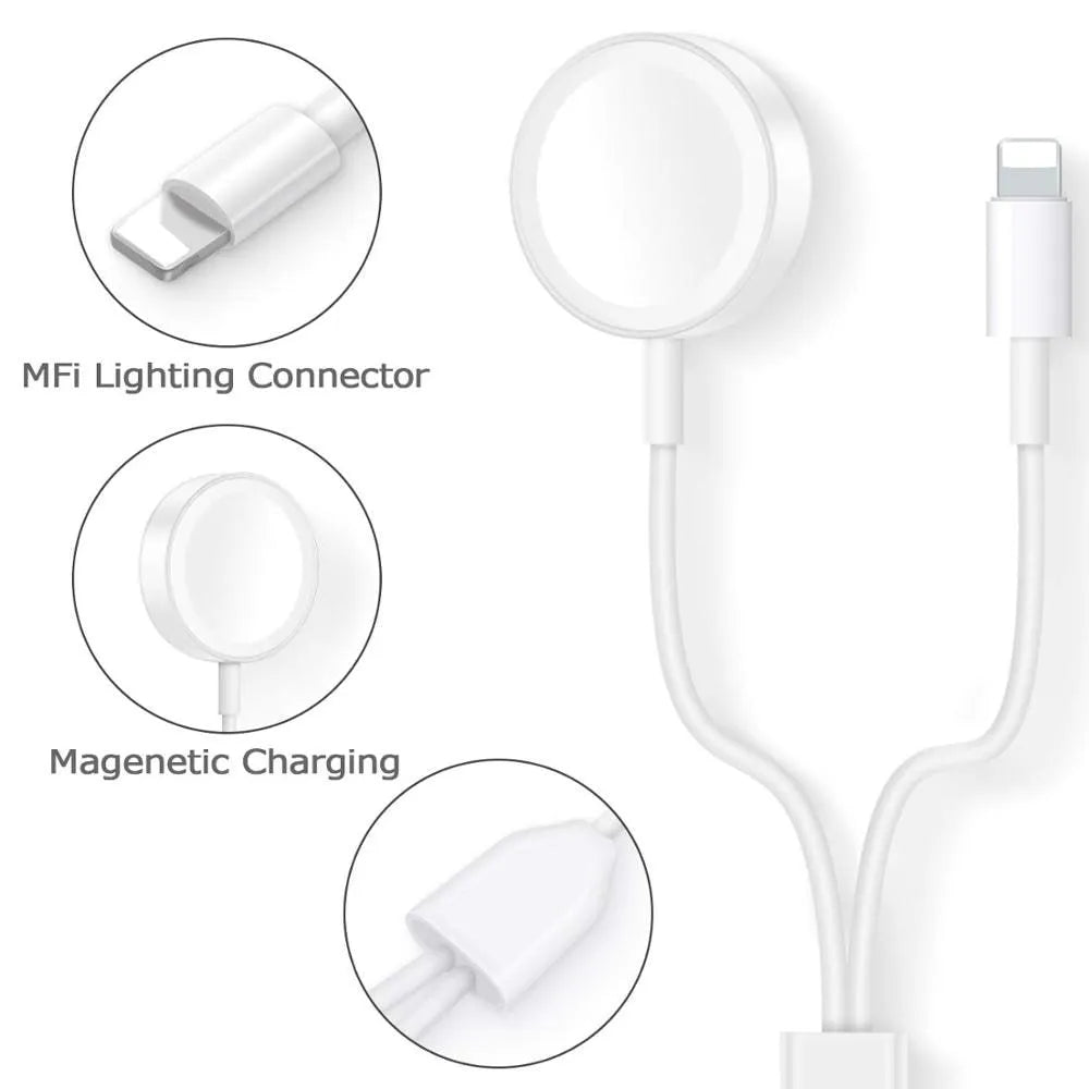 White two-in-one wireless charging dock with USB cable for smartwatch and device charging