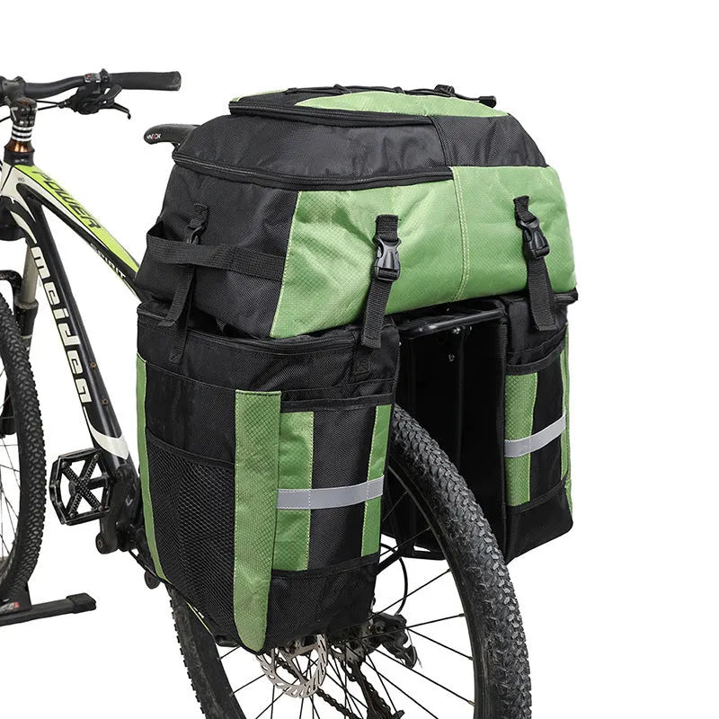 70 litre capacity blue polyester bicycle rear storage frame bag for long-distance touring.