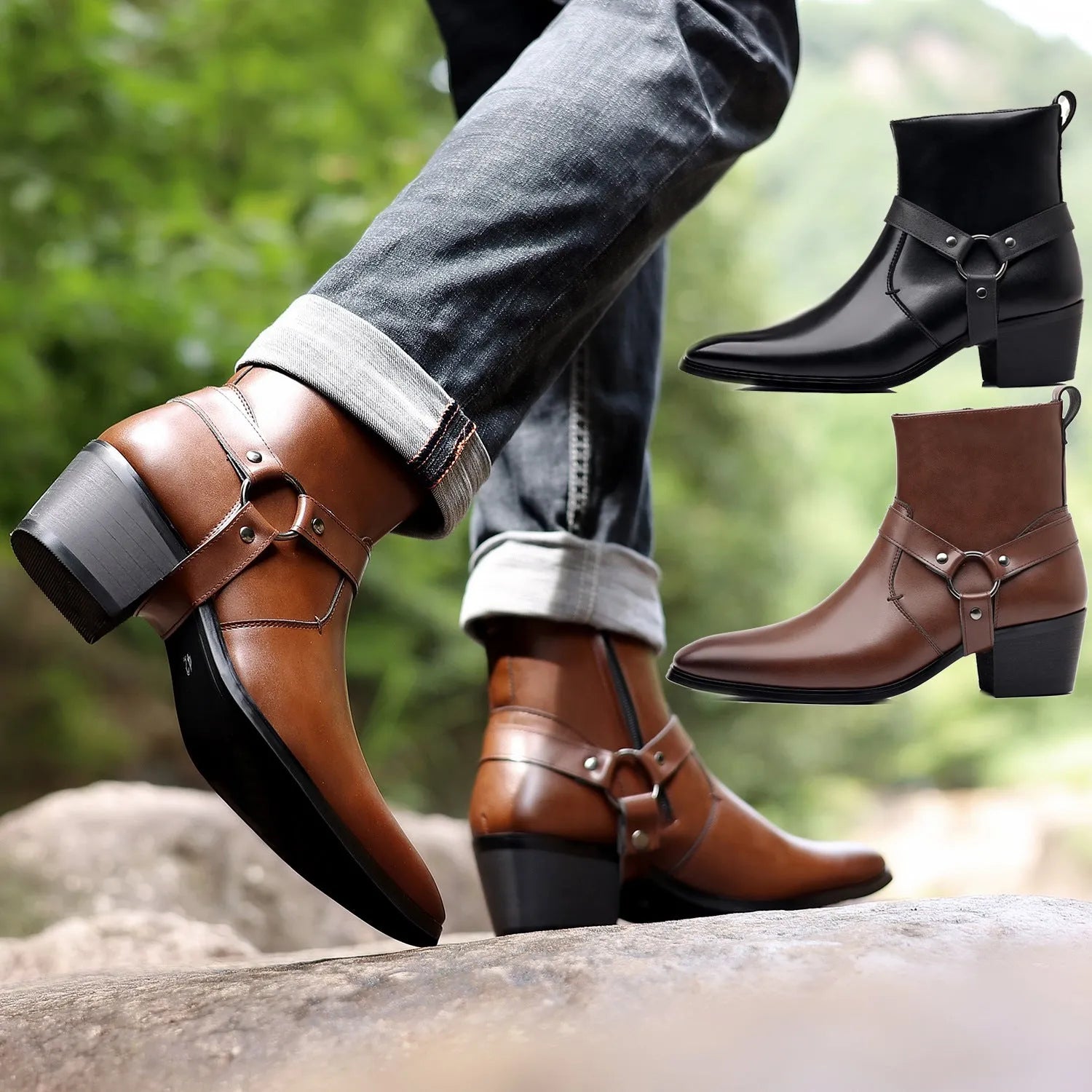 Unisex chain ankle boots with side zip and square toe in black and dark brown colours