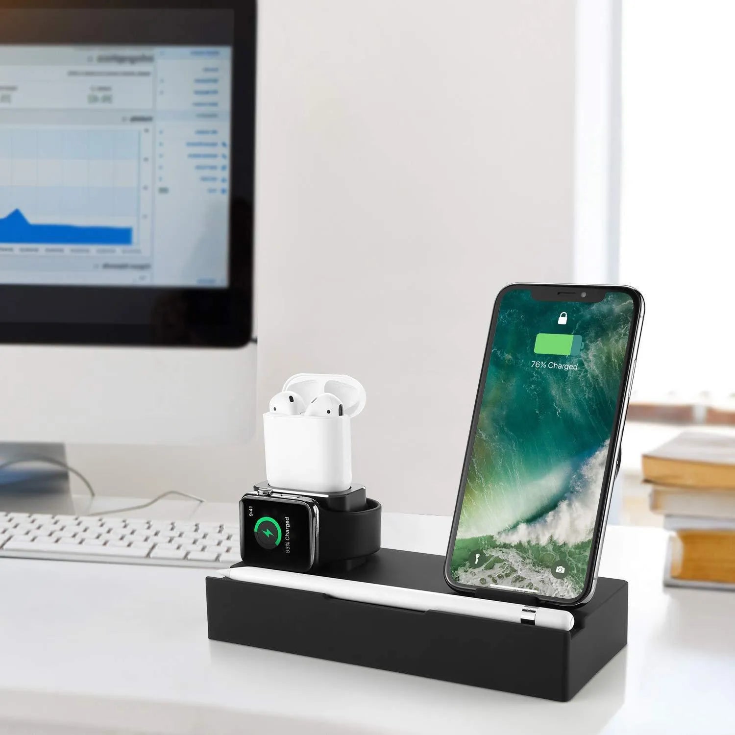 Black eight-in-one desktop charging station with five USB ports and a square wireless charging panel.