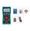 Green universal digital multimeter with automatic ranging and LED display on a table.