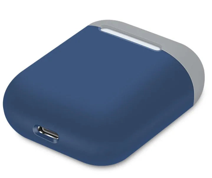Split-shell silicone protective case for Apple AirPods charging box in a selection of colours on a plain background.