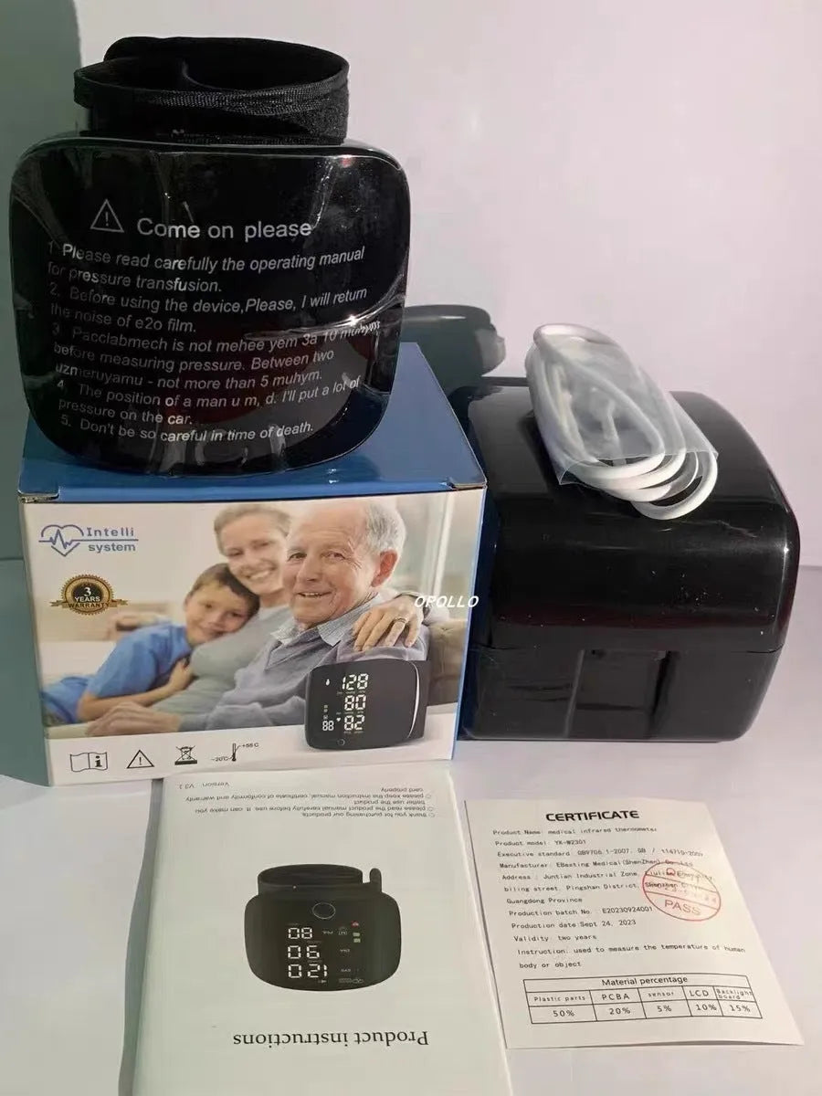 Black wrist blood pressure monitor with digital display and USB charging port.
