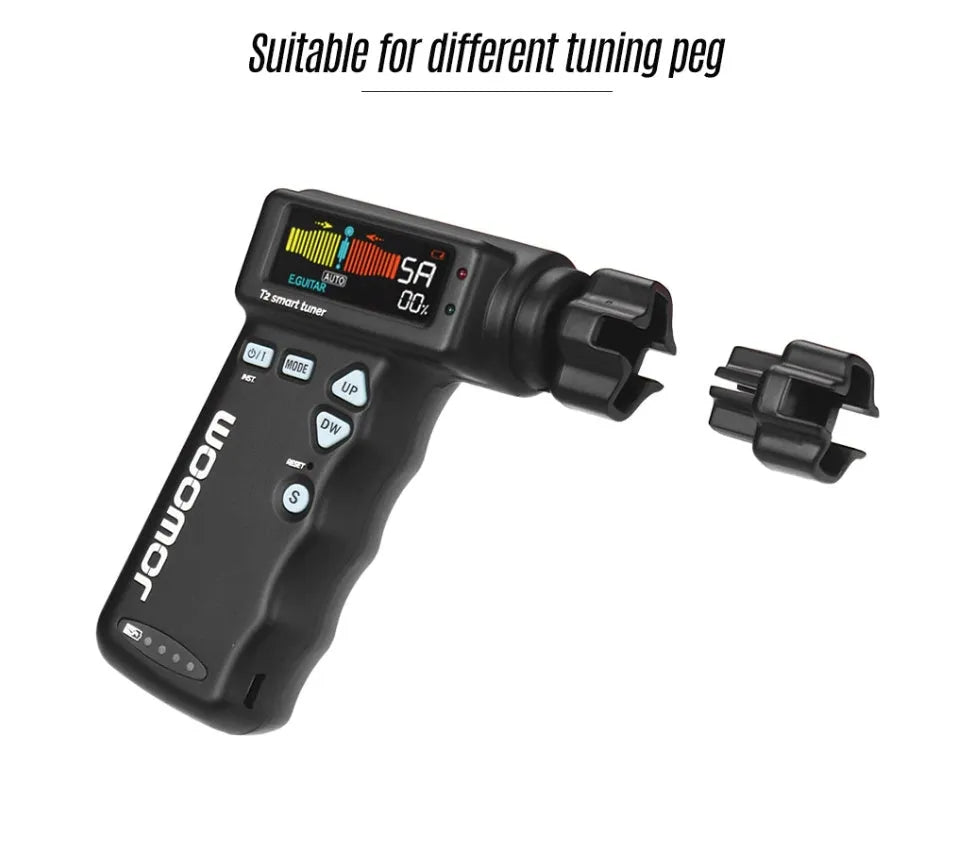 Black and white smart guitar tuner with colour LCD display and string winder function