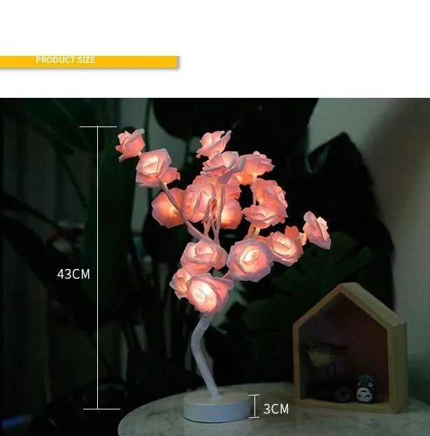 White and red PE cotton rose flower LED table lamp with bonsai tree base, powered by battery or USB.